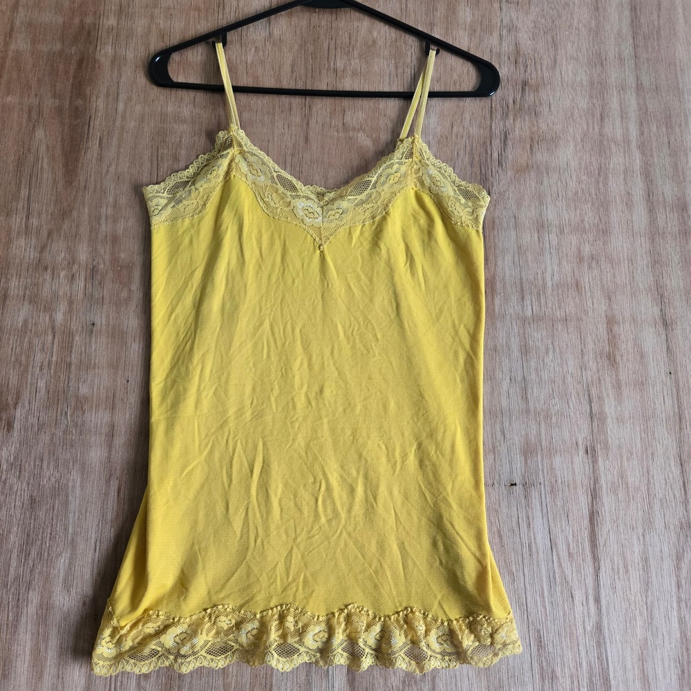 Y2K Vintage Lace Trim Camisole Boho Top Bright Yellow Adjustable Straps Size L